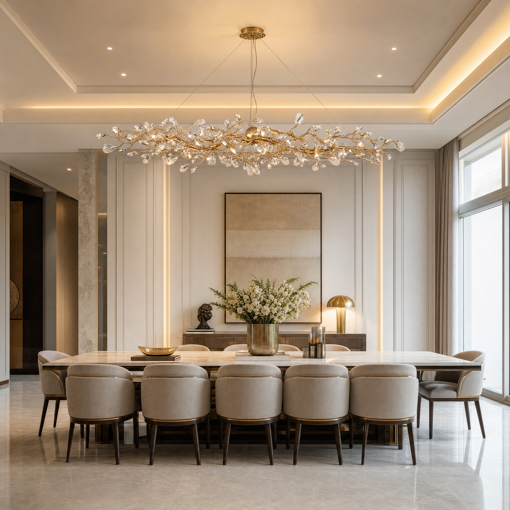 VORELLI Arbore Rectangular Chandelier II installed above a contemporary residential dining table, reflecting modern sophistication.