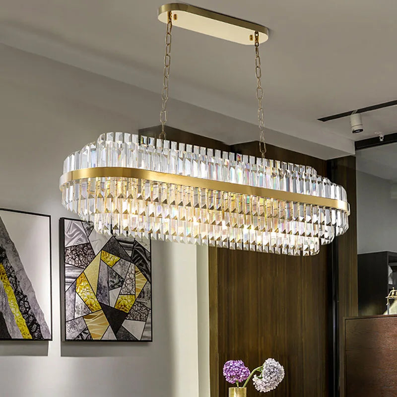Close-up of crystal bar detailing on Belair rectangular chandelier