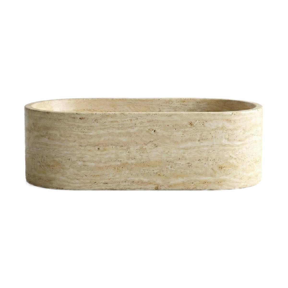 Beige Travertine Freestanding Bathtub - Elliptical on white background by VORELLI