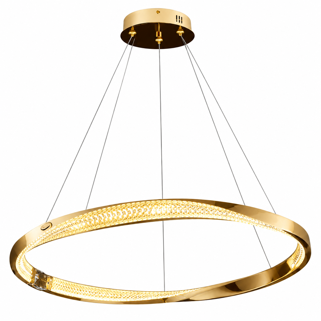 VORELLI Belgravia Circular Chandelier illuminating a luxury dining room with modern furniture and warm ambiance.