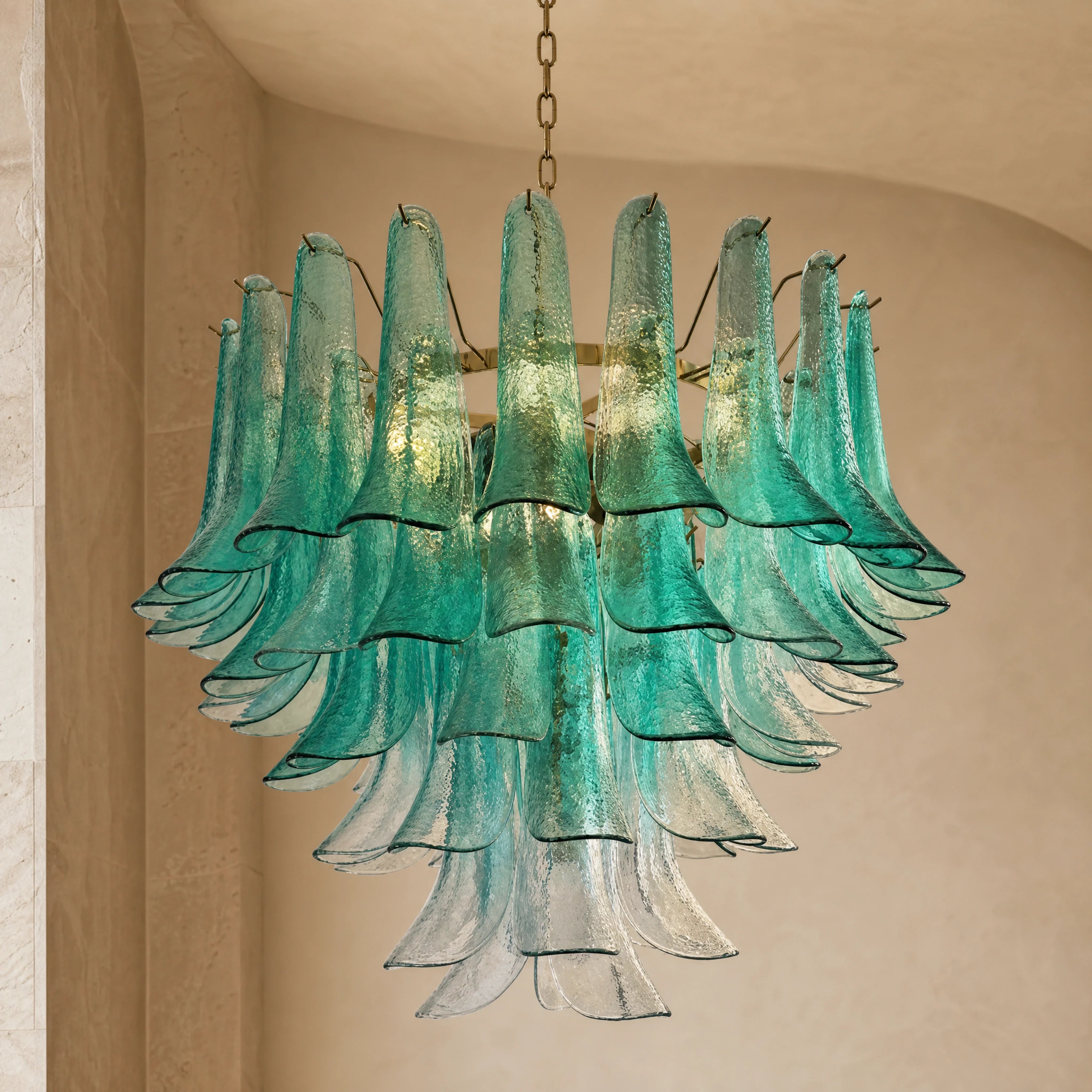 Brenta Selle Murano Glass Staircase Chandelier close-up luxury lifestyle hero image by VORELLI