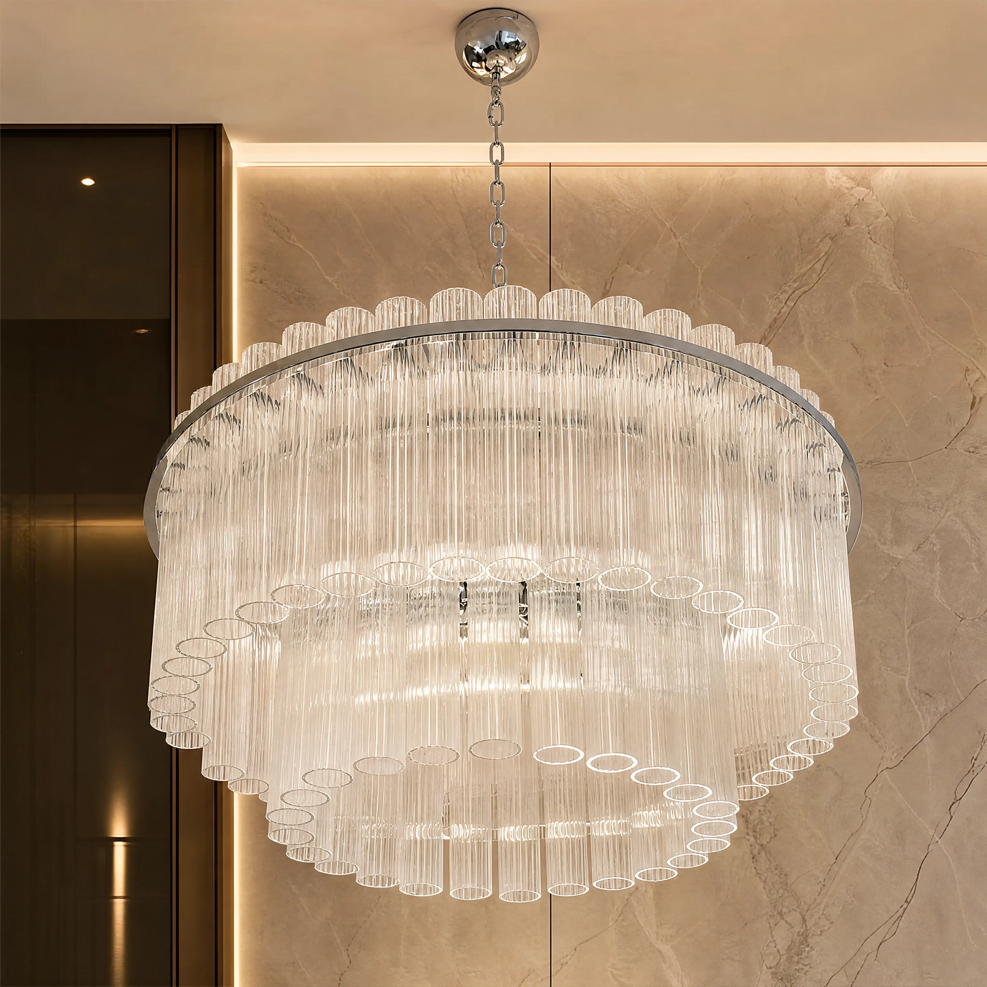 Brunella Tronchi Murano Glass Staircase Chandelier close-up luxury lifestyle hero image by VORELLI