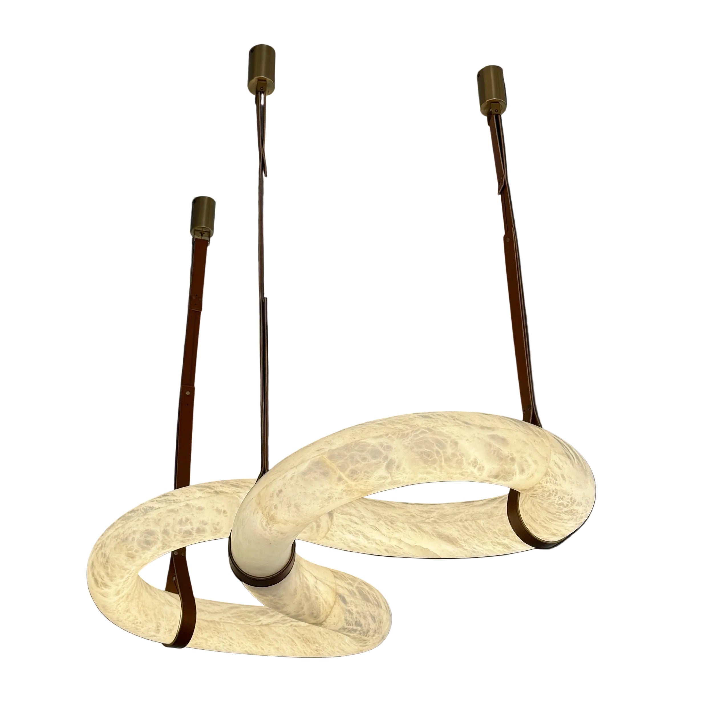 Botticino Loop Marble Rectangular Chandelier featuring illuminated sculptural marble loops suspended by minimalist gold supports.