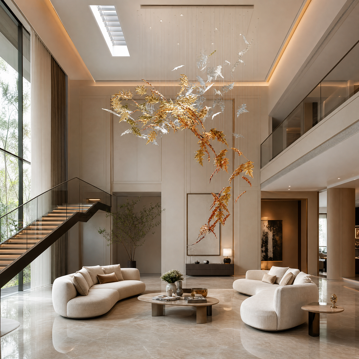 VORELLI Ember Leaf contemporary glass leaf chandelier suspended in a modern residential living room, casting a warm amber glow over upscale furnishings.