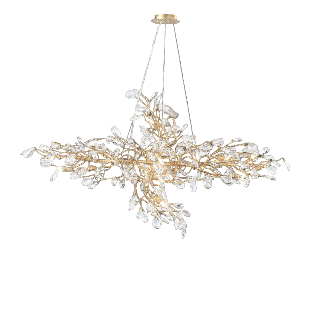 Entwine Rectangular Chandelier by VORELLI® featuring sculptural gold branches and diamond cut crystal drops