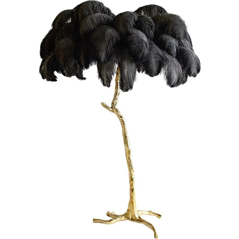 Black feather floor lamp with gold finished base