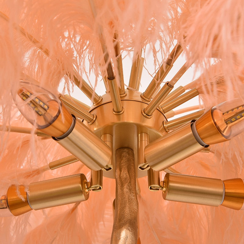Gold stem and feather detail on luxury feather floor lamp