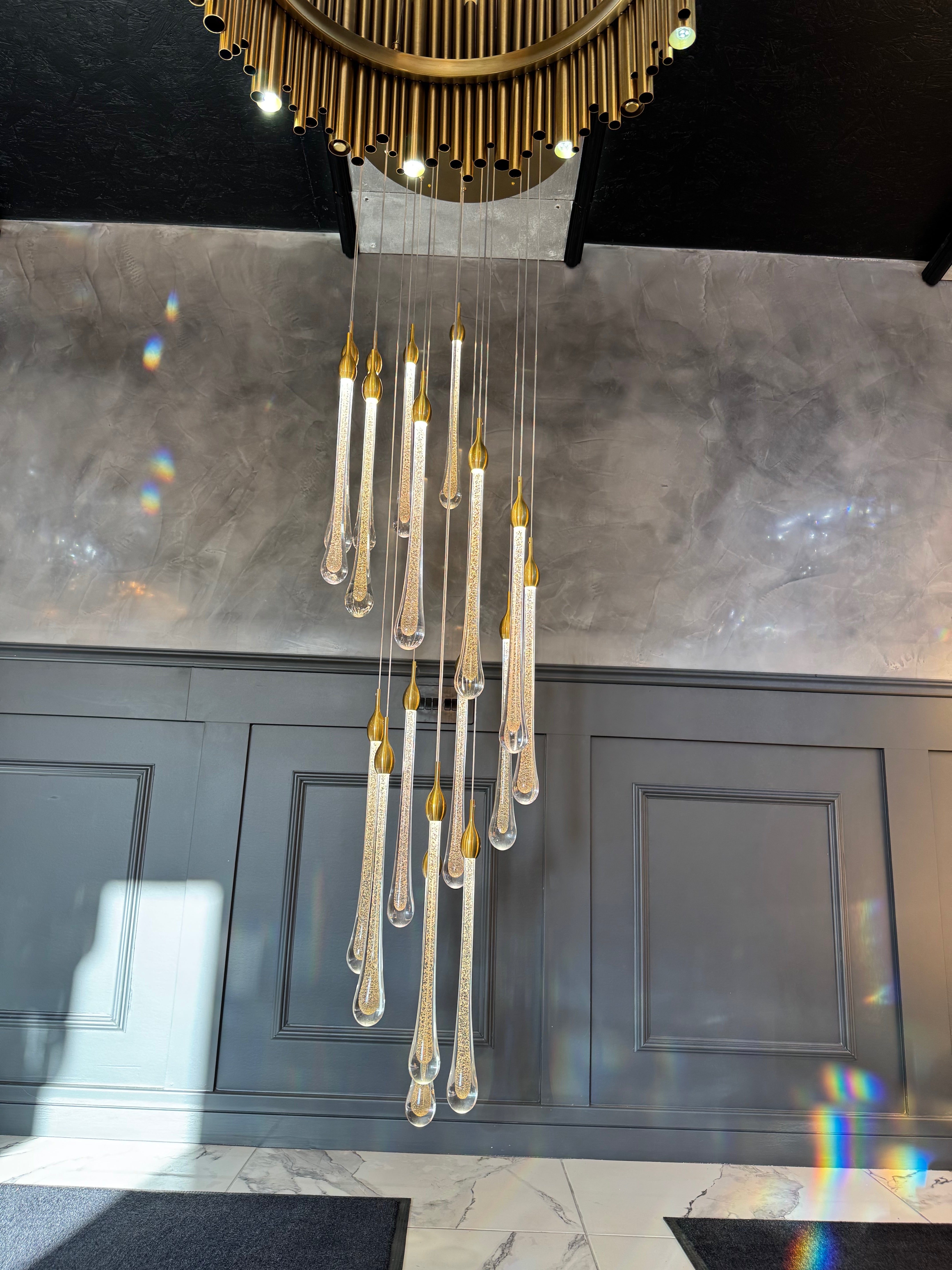 Double height luxury staircase lighting with VORELLI Foshan gold pendant chandelier