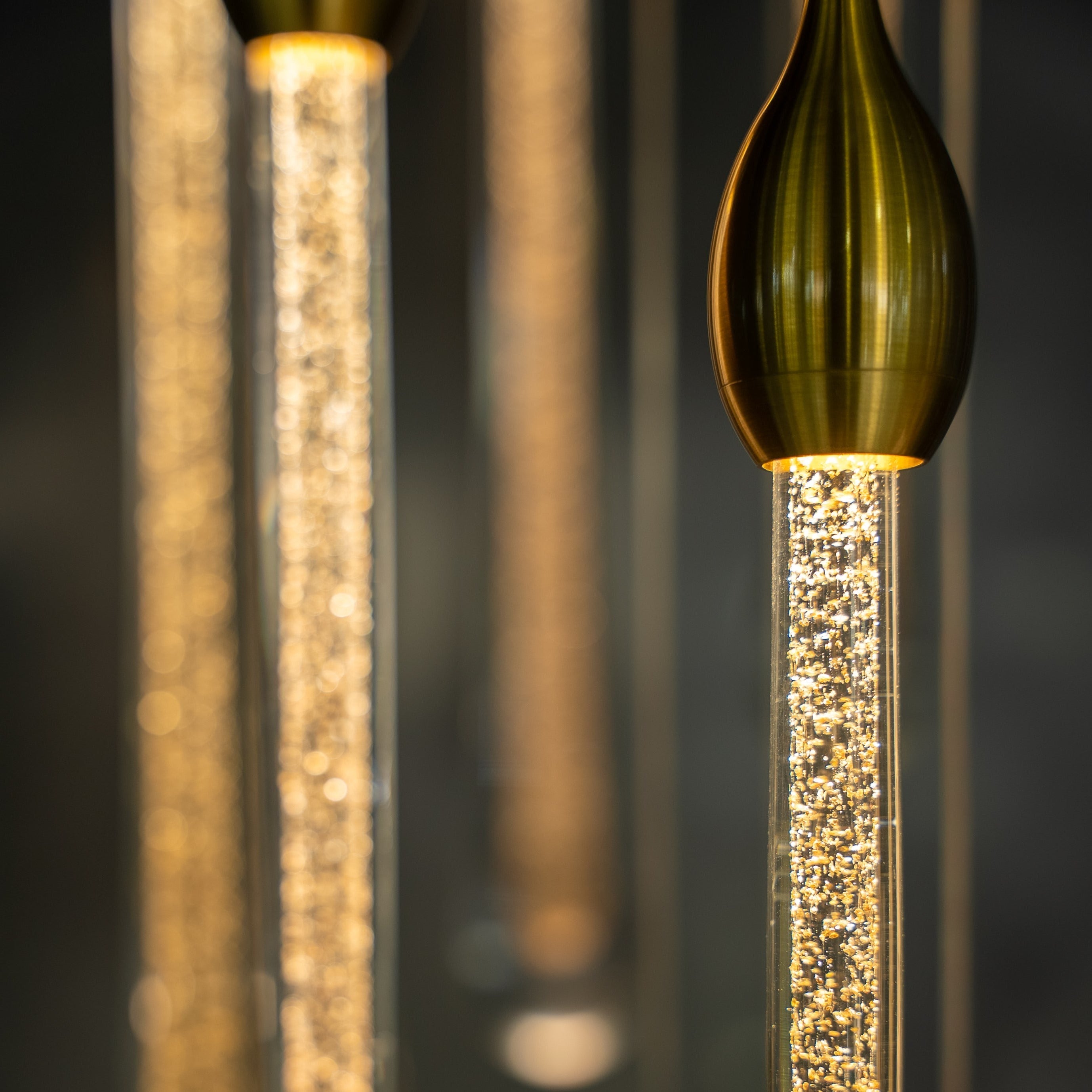 Slim crystal pendant detail from Foshan staircase chandelier