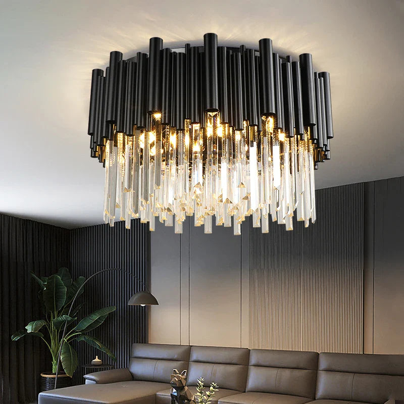 VORELLI® Gotham ceiling light featuring black cylindrical tubing with cascading diamond cut crystal bars in a luxury modern interior