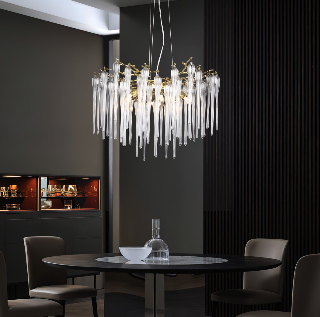Luxury dining room featuring the VORELLI Icicle Circular Chandelier