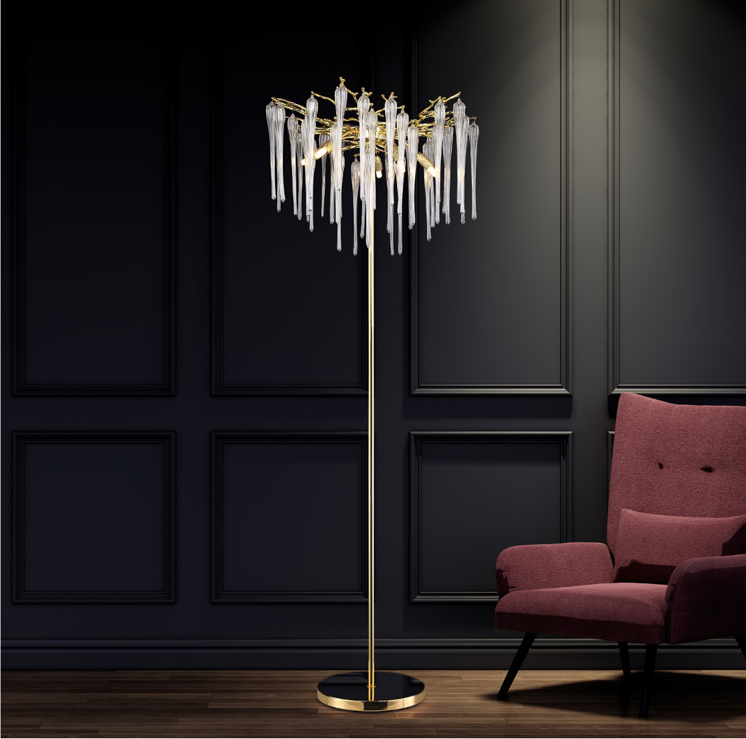 VORELLI® Icicle Floor Lamp illuminating a luxury living space with cascading glass icicle detailing
