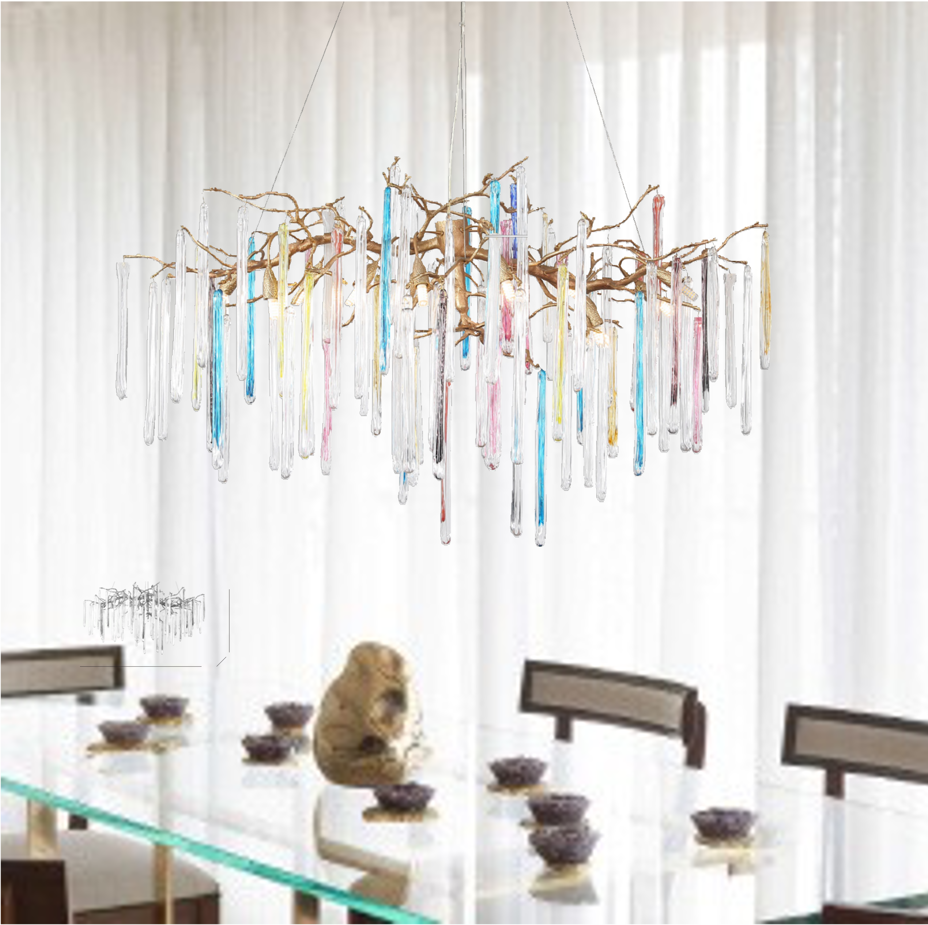 Alt text:
VORELLI Icicle Rectangular Chandelier II in a luxury dining room with hand-blown glass prisms