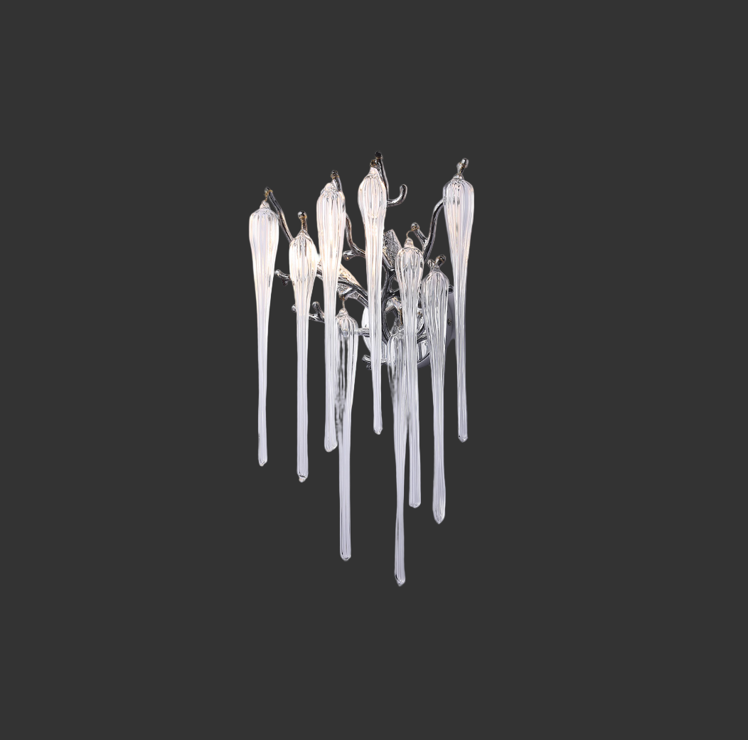 Close-up of hand-formed glass drops on VORELLI® icicle wall light