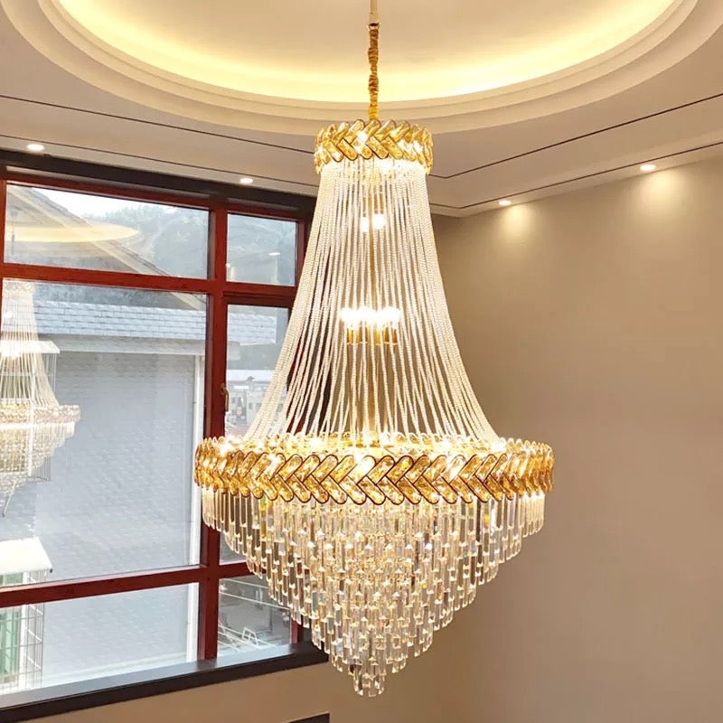 VORELLI Knightsbridge Grandeur staircase chandelier with cascading crystal drop design for luxury staircases and double-height interiors