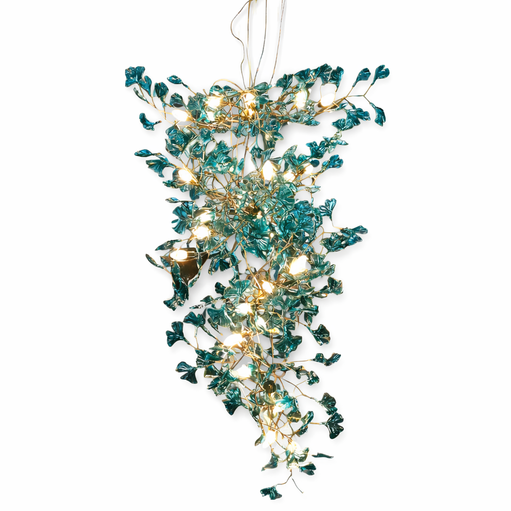 Elegant botanical chandelier creating warm ambient lighting in a refined high-end living interior