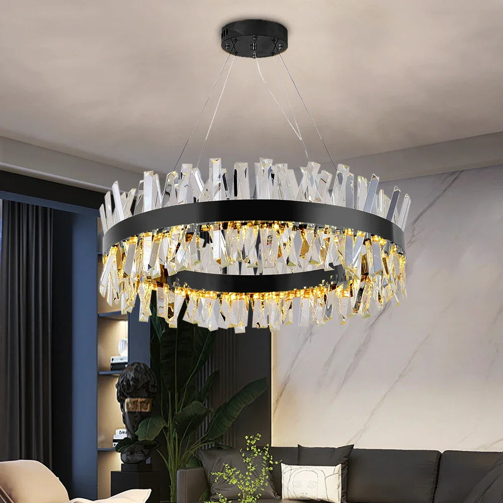 VORELLI Malahide circular chandelier with angled crystal bars forming a modern luxury ring ceiling light