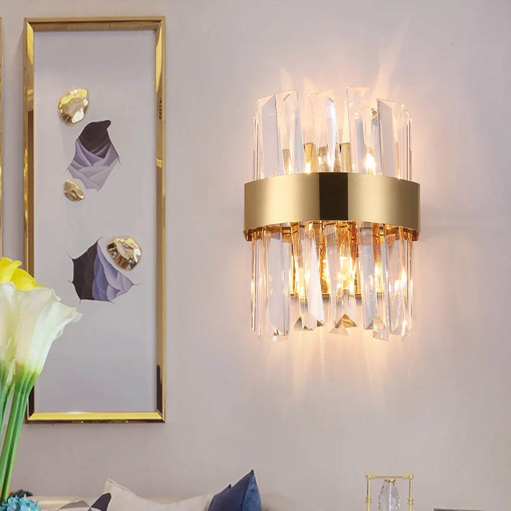 VORELLI Malahide wall light with angled crystal bars creating a modern luxury wall sconce glow