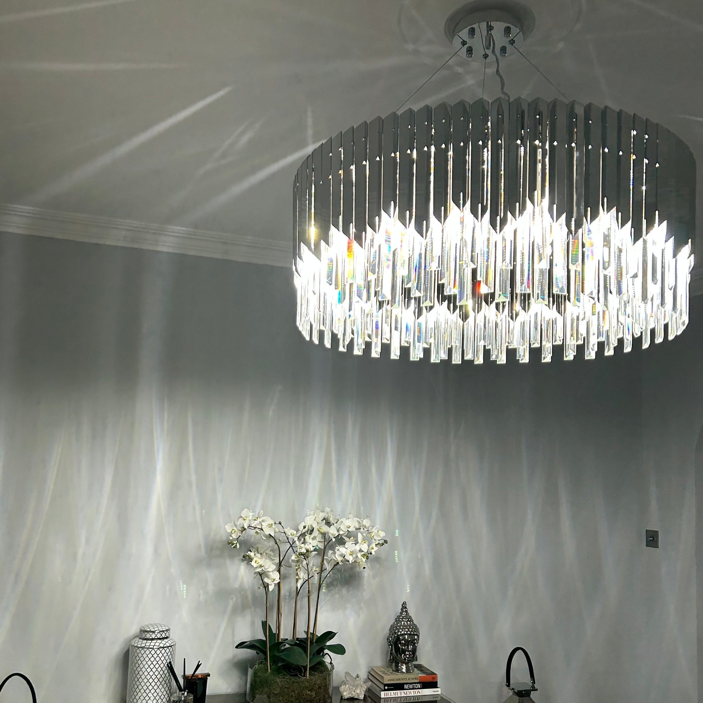 VORELLI Manhattan circular crystal chandelier installed as a contemporary ceiling light