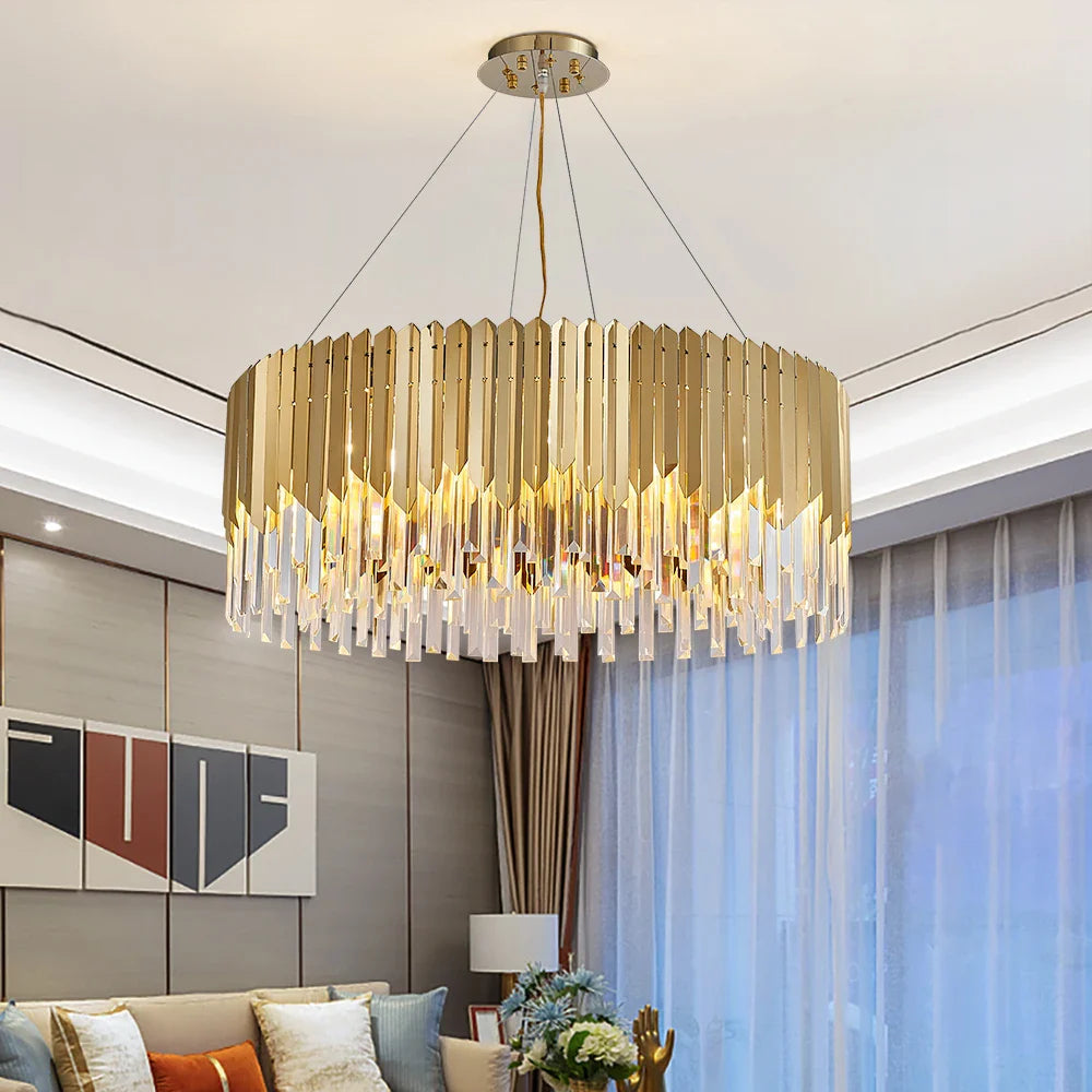 VORELLI Manhattan circular chandelier with sleek crystal bars illuminating a modern luxury living room