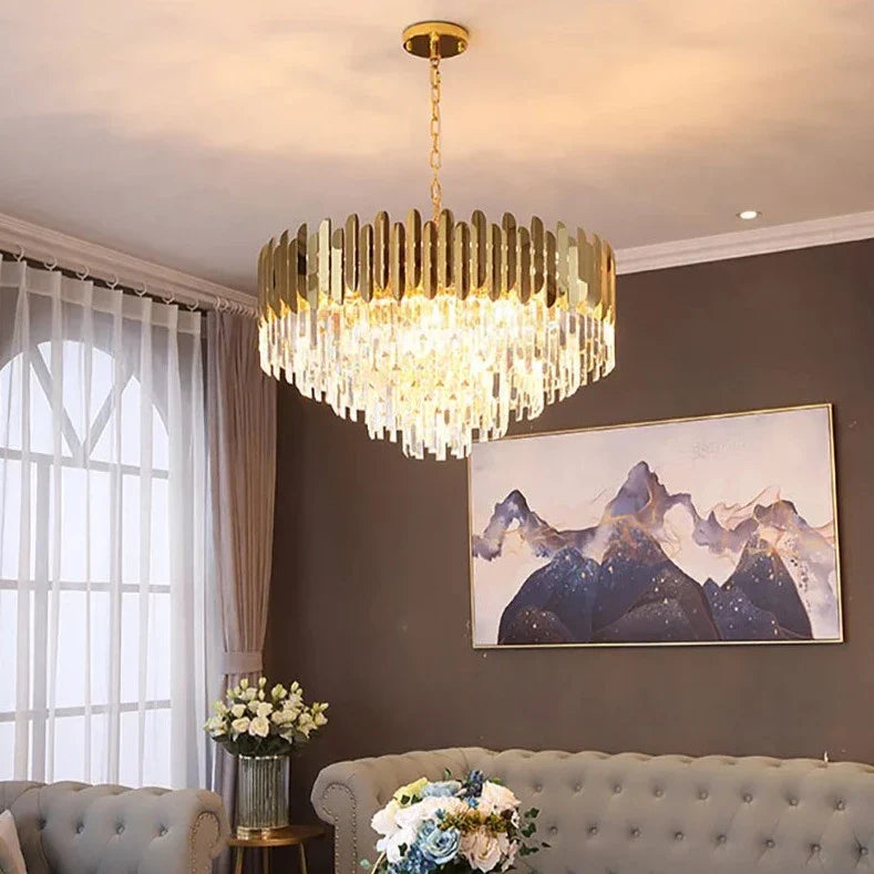VORELLI Manhattan Circular Chandelier II with sleek crystal bars illuminating a modern luxury living room