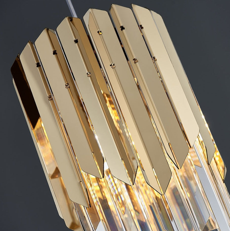 Macro detail of VORELLI Manhattan Pendant hexagon frame with precision crystal bar arrangement