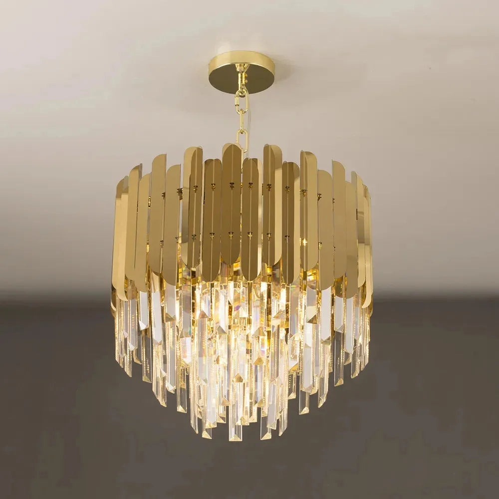 VORELLI Manhattan Pendant II featuring layered crystal bars and warm ambient illumination