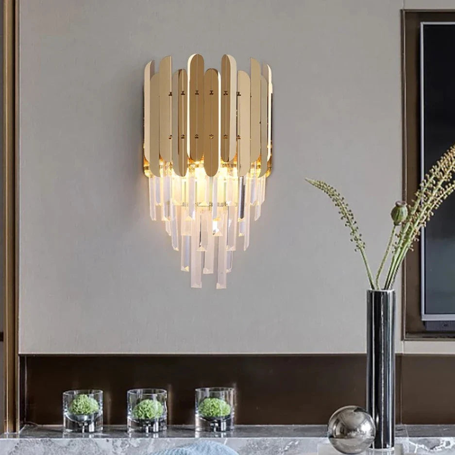 VORELLI Manhattan Wall Light with cascading crystal bars and decorative gold hexagon frame in a luxury interior