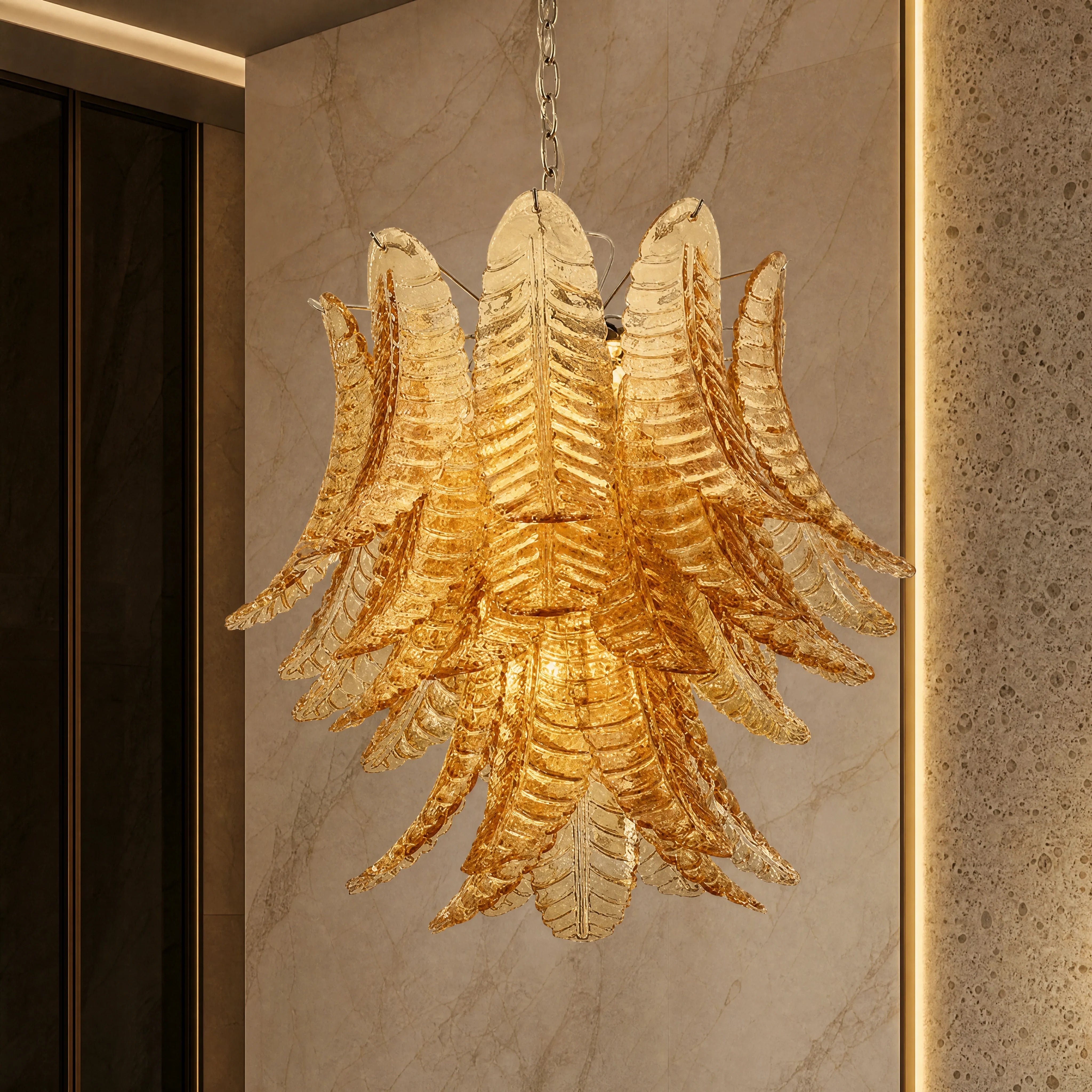 Iolanda Felci Murano Glass Staircase Chandelier close-up luxury lifestyle hero image by VORELLI