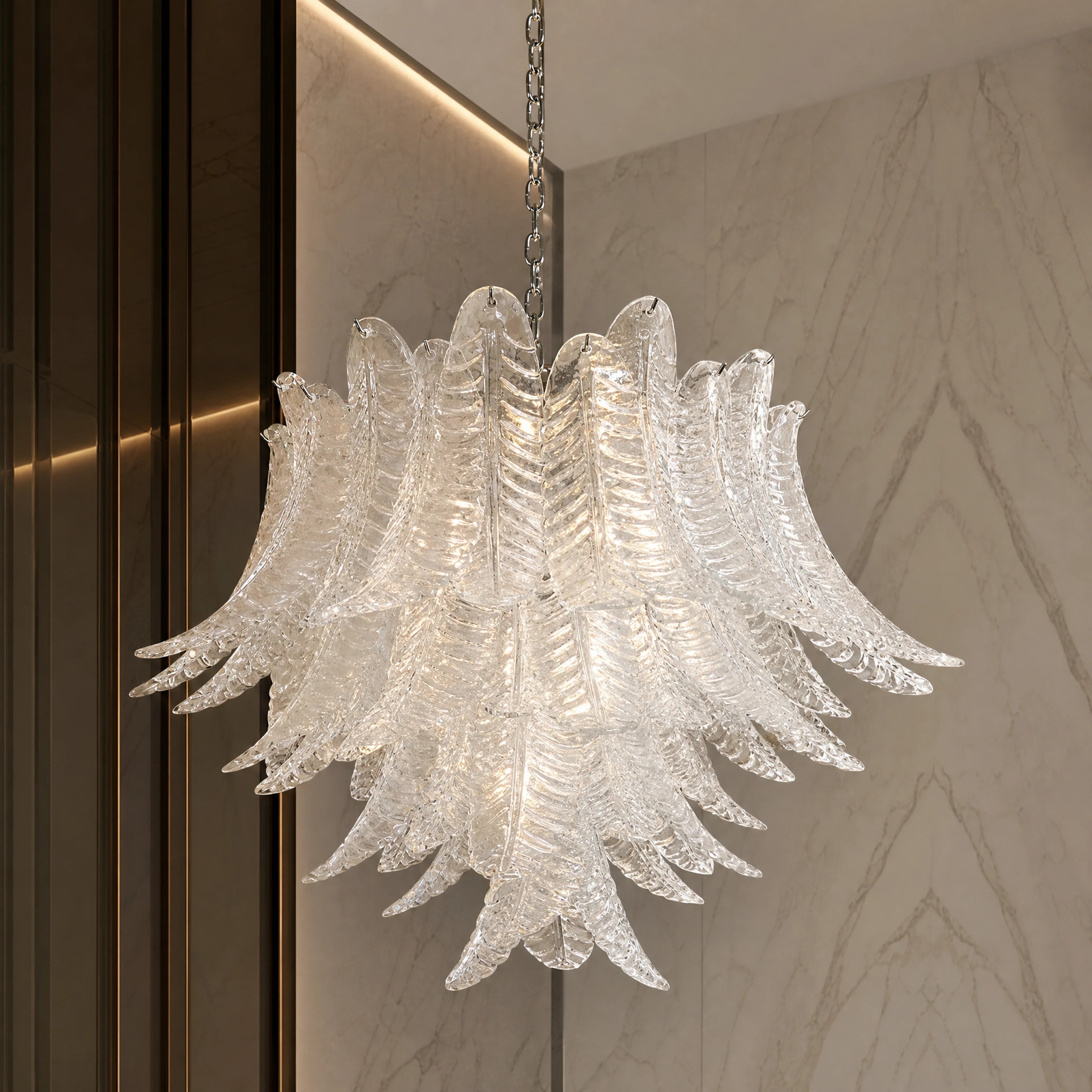 Pavia Felci Murano Glass Staircase Chandelier close-up luxury lifestyle hero image by VORELLI