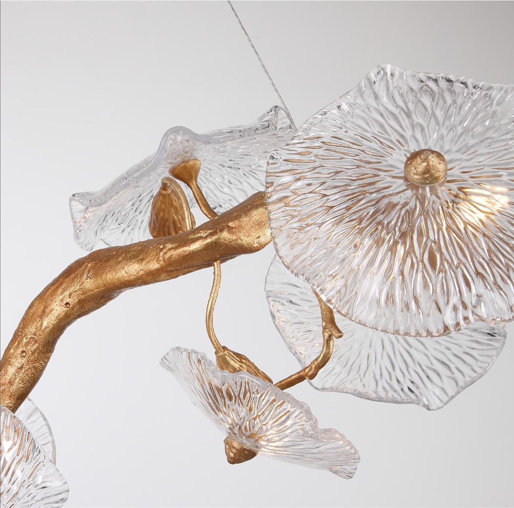Textured glass leaf detail on Penny Leaf staircase chandelier