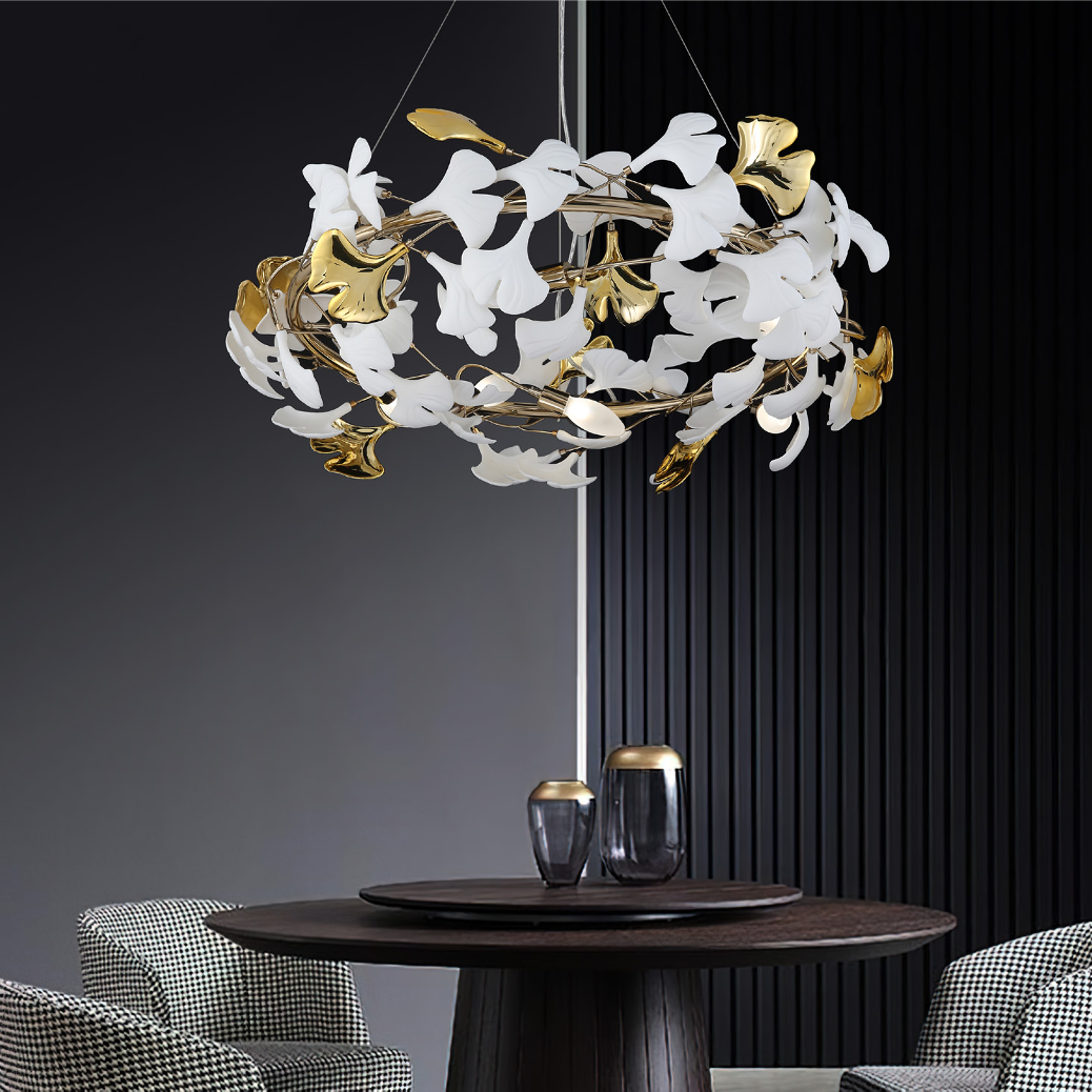 Prano Circular Chandelier II styled above a luxury dining table in a modern interior