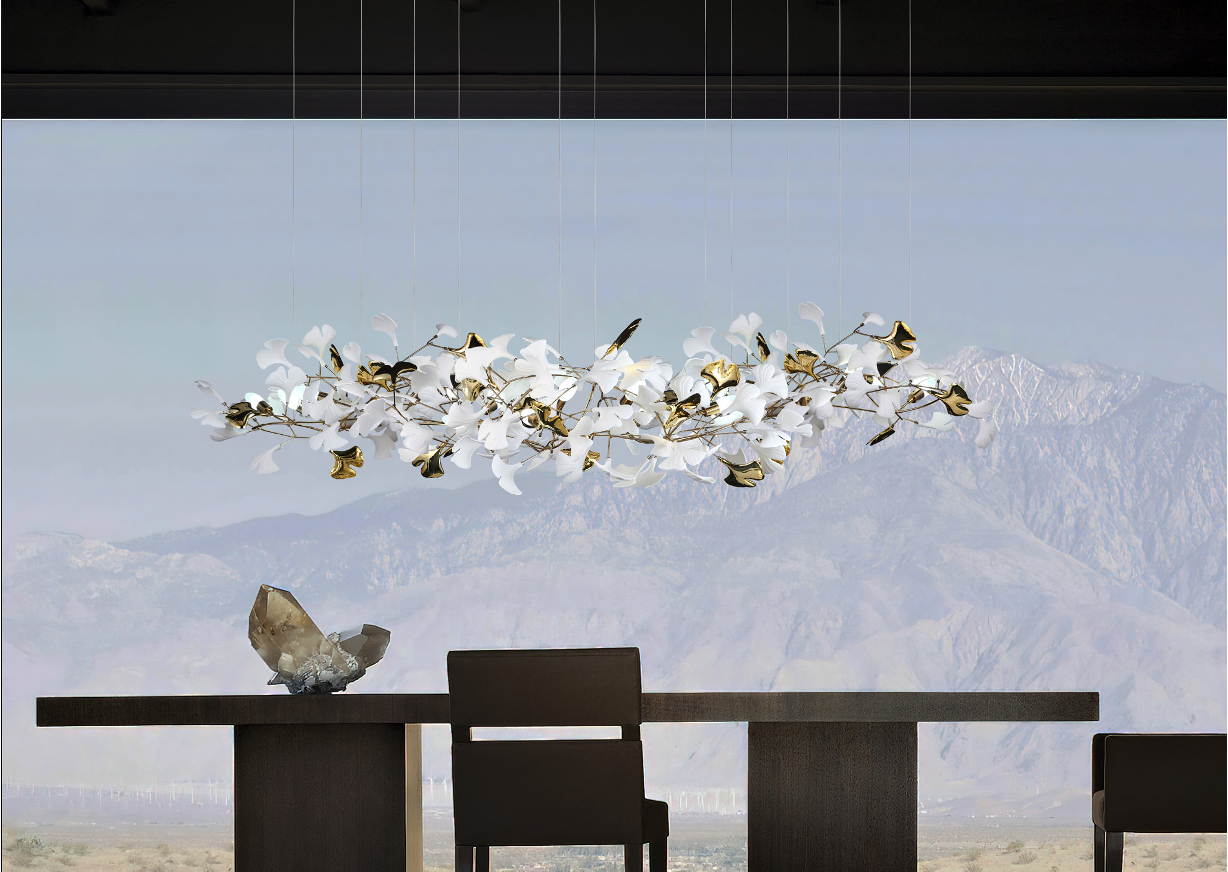 Prano Rectangular Chandelier IV above a luxury dining table in a modern interior