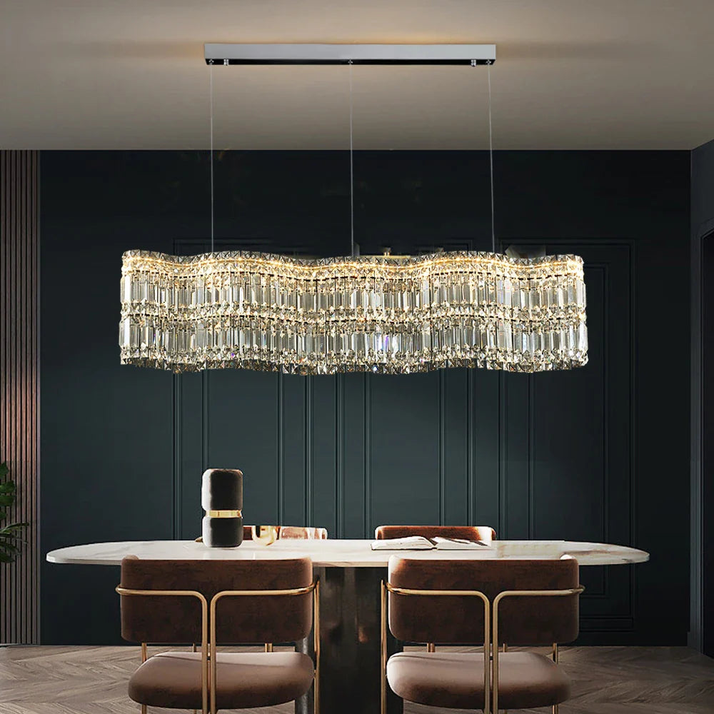 VORELLI rectangular crystal chandelier above dining table in Dubai home