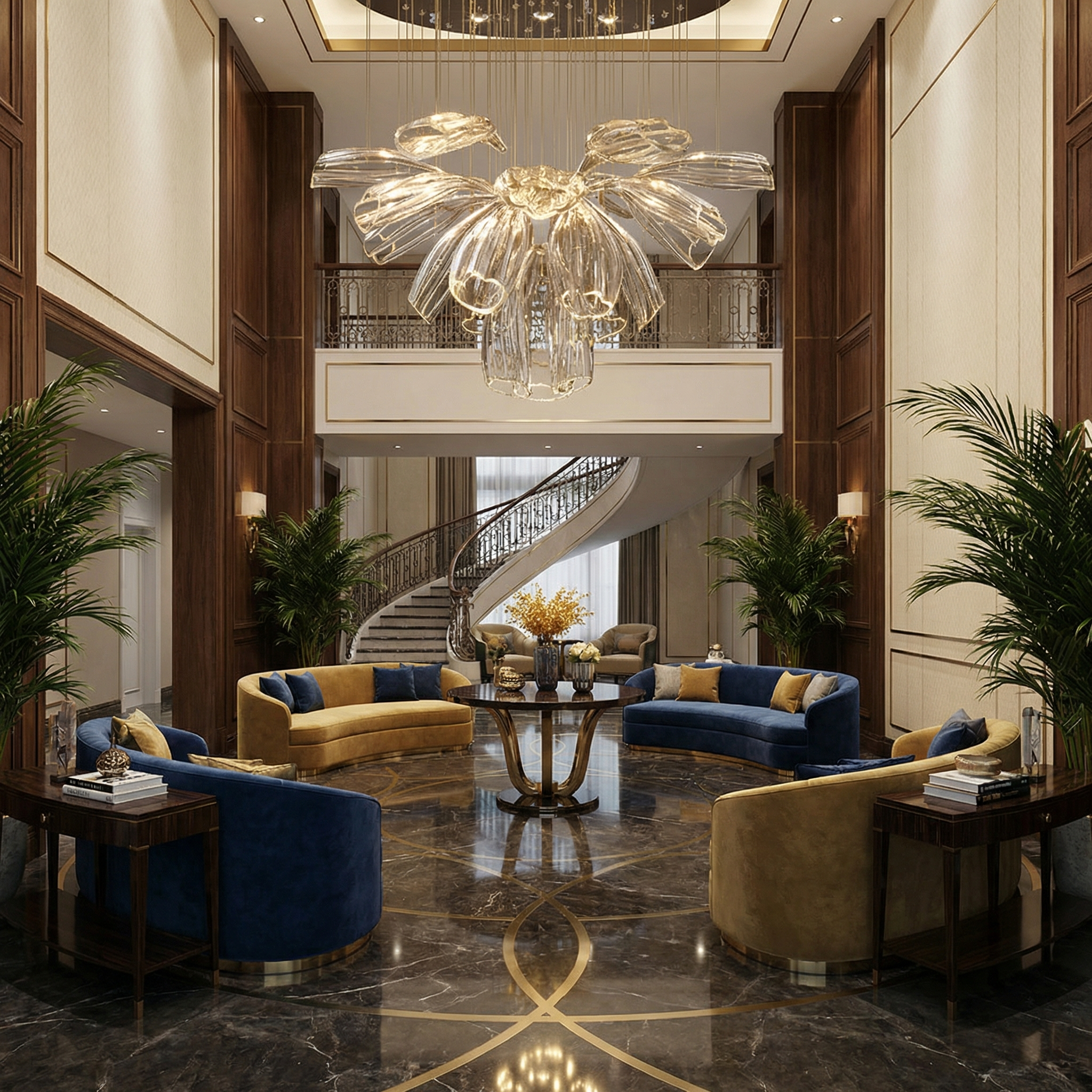 Contemporary cascading glass staircase chandelier designed for double-height stairwells and atrium spaces