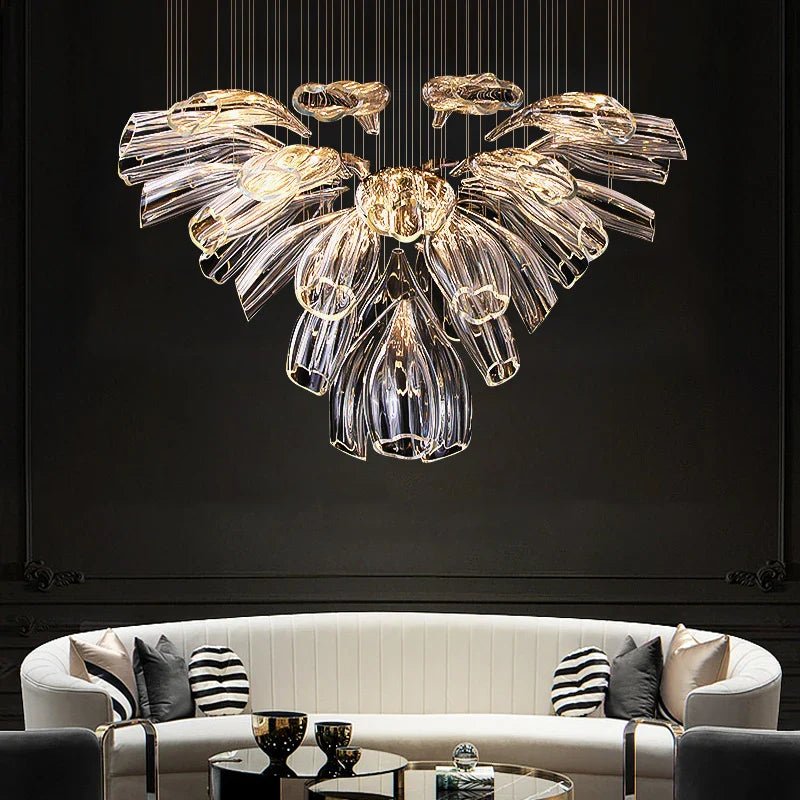 Elegant modern chandelier illuminating a refined residential or hospitality lobby interior
