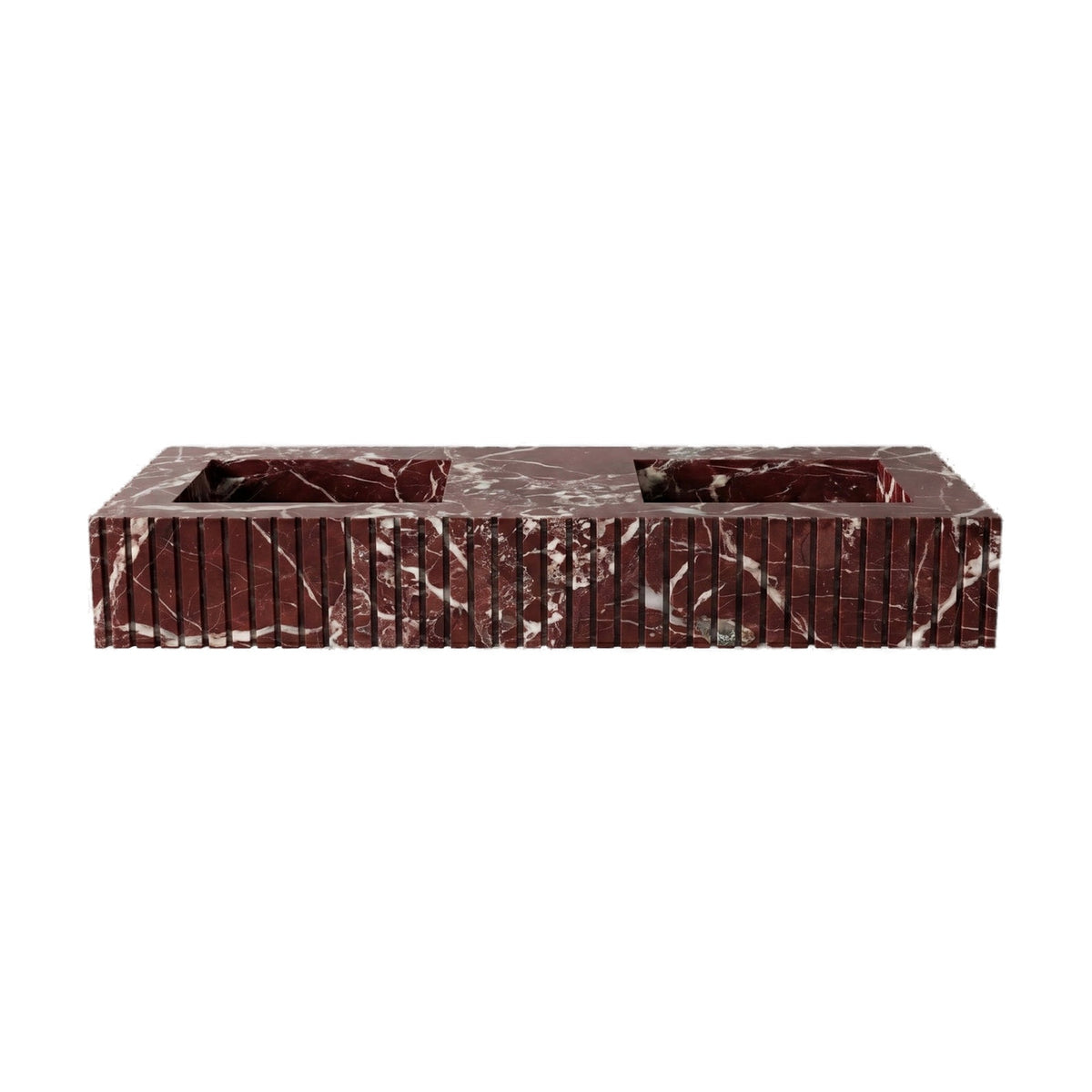 Rosso Levanto Marble Double Sink - Fluted on white background by VORELLI