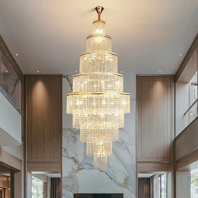 Luxury ring chandelier by VORELLI® with cascading crystal illumination crafted for sophisticated double-height living spaces