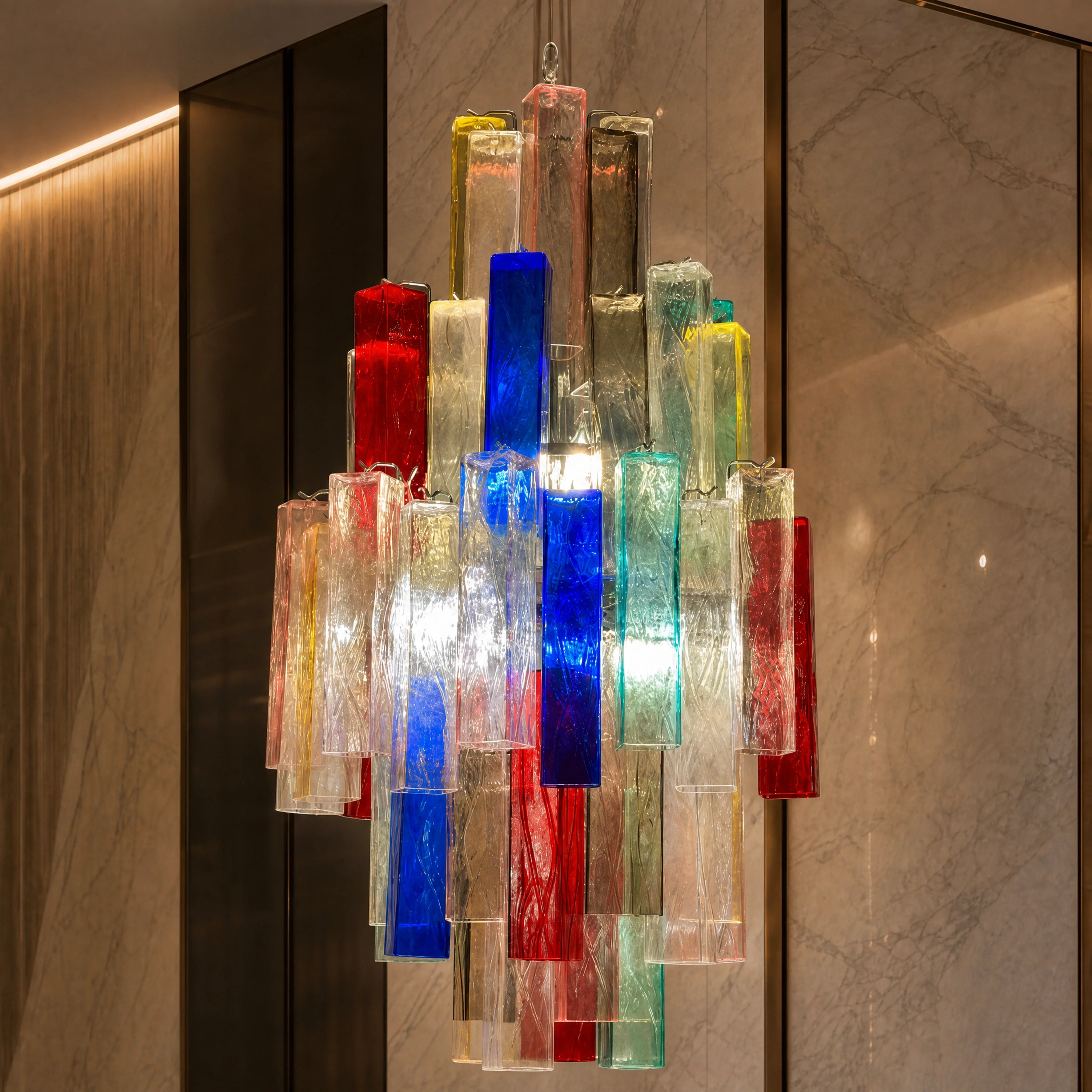 Siracusa Squares Murano Glass Staircase Chandelier close-up luxury lifestyle hero image by VORELLI