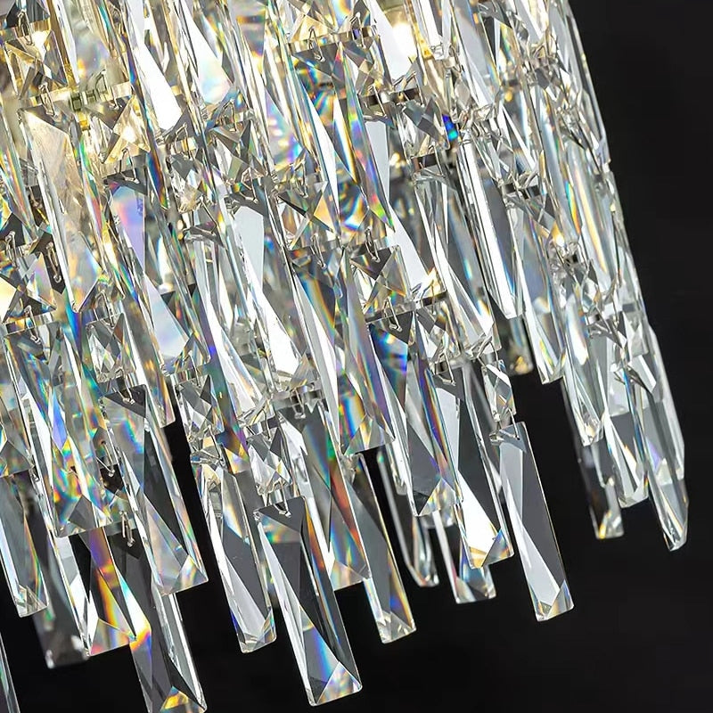 Close up of cascading crystal prisms on VORELLI spiral chandelier