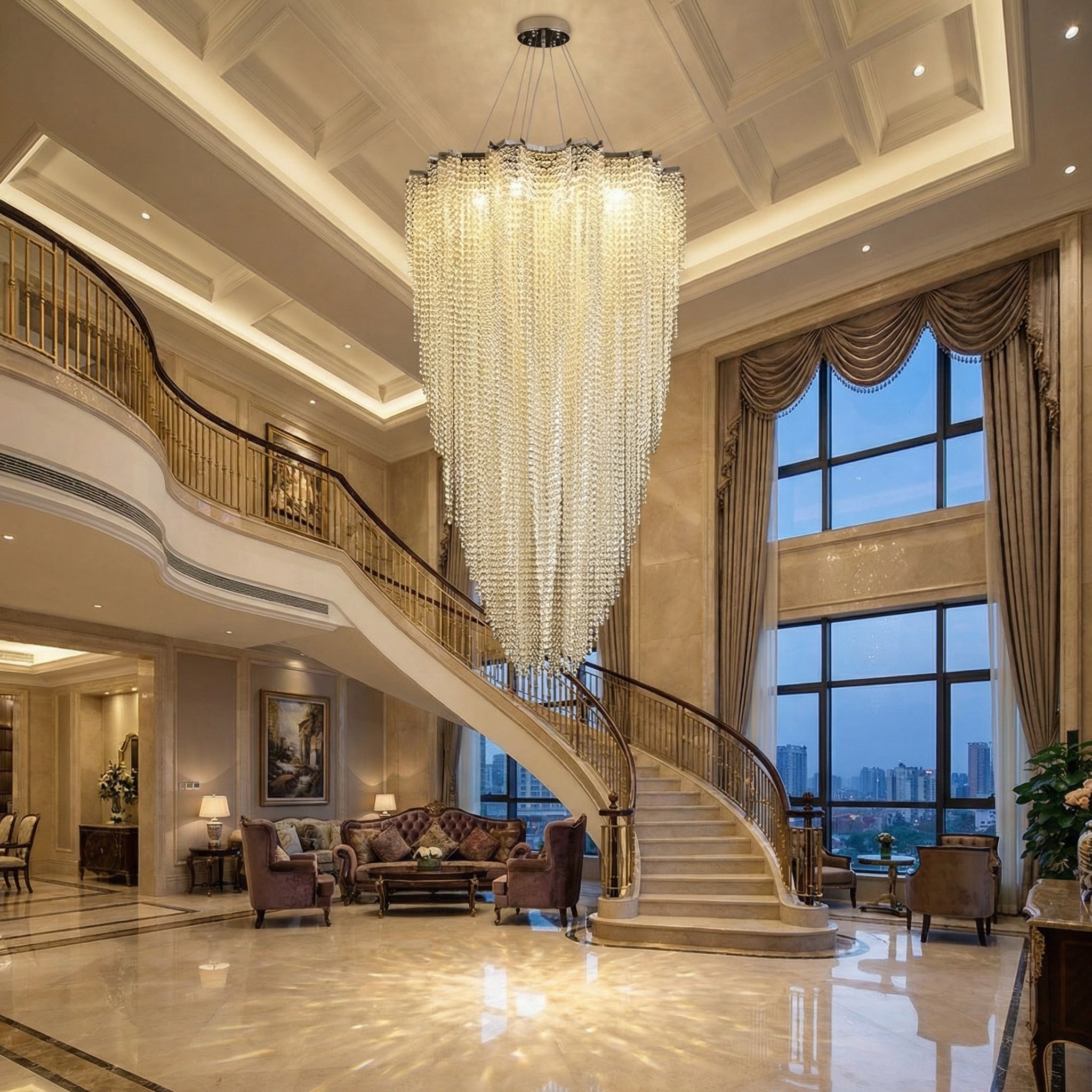 VORELLI® Trevi staircase chandelier with cascading crystal chains creating elegant luxury lighting for grand foyers and double-height interiors