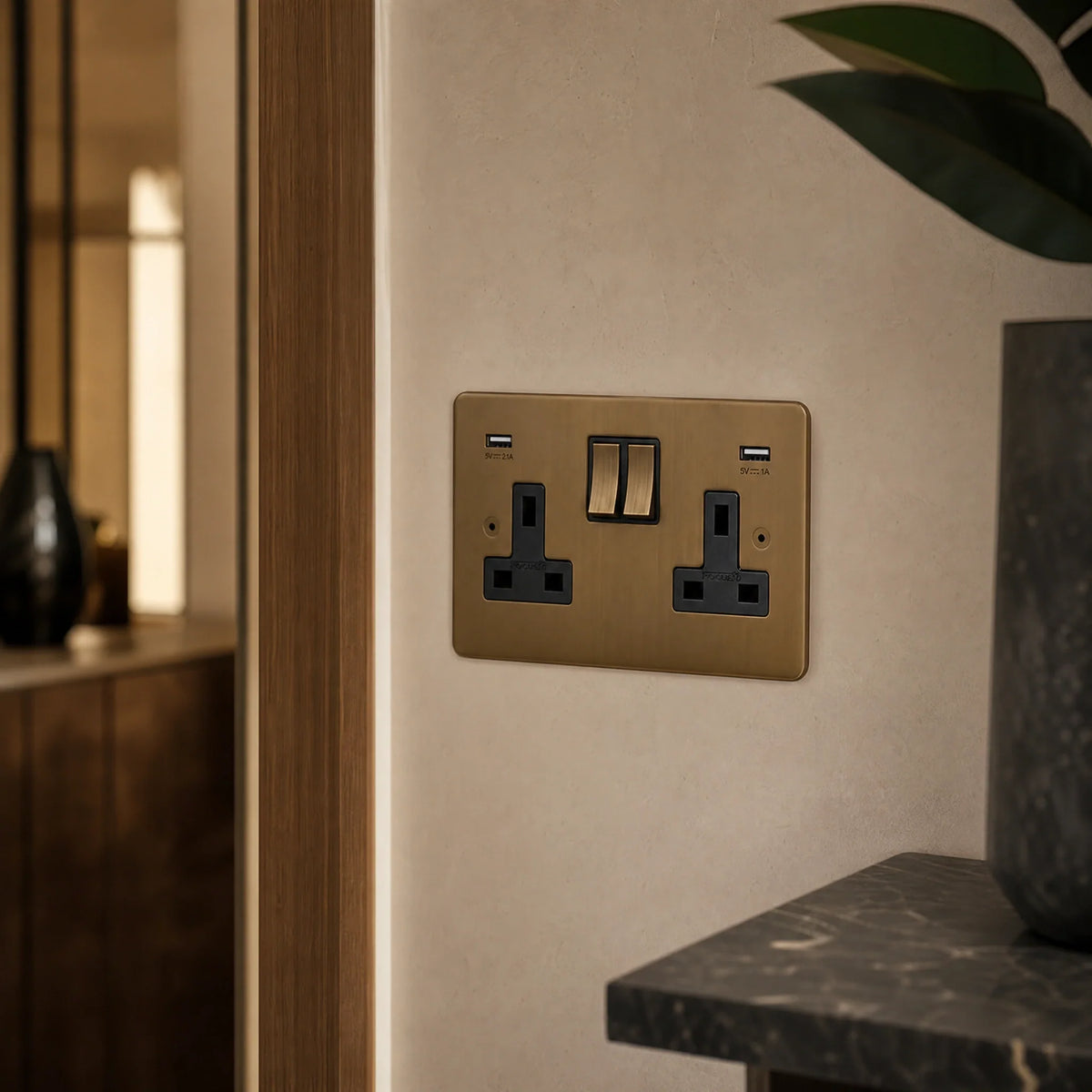 VORELLI® Alisse double socket with USB charging, close view on an interior wall in an interior visualisation.