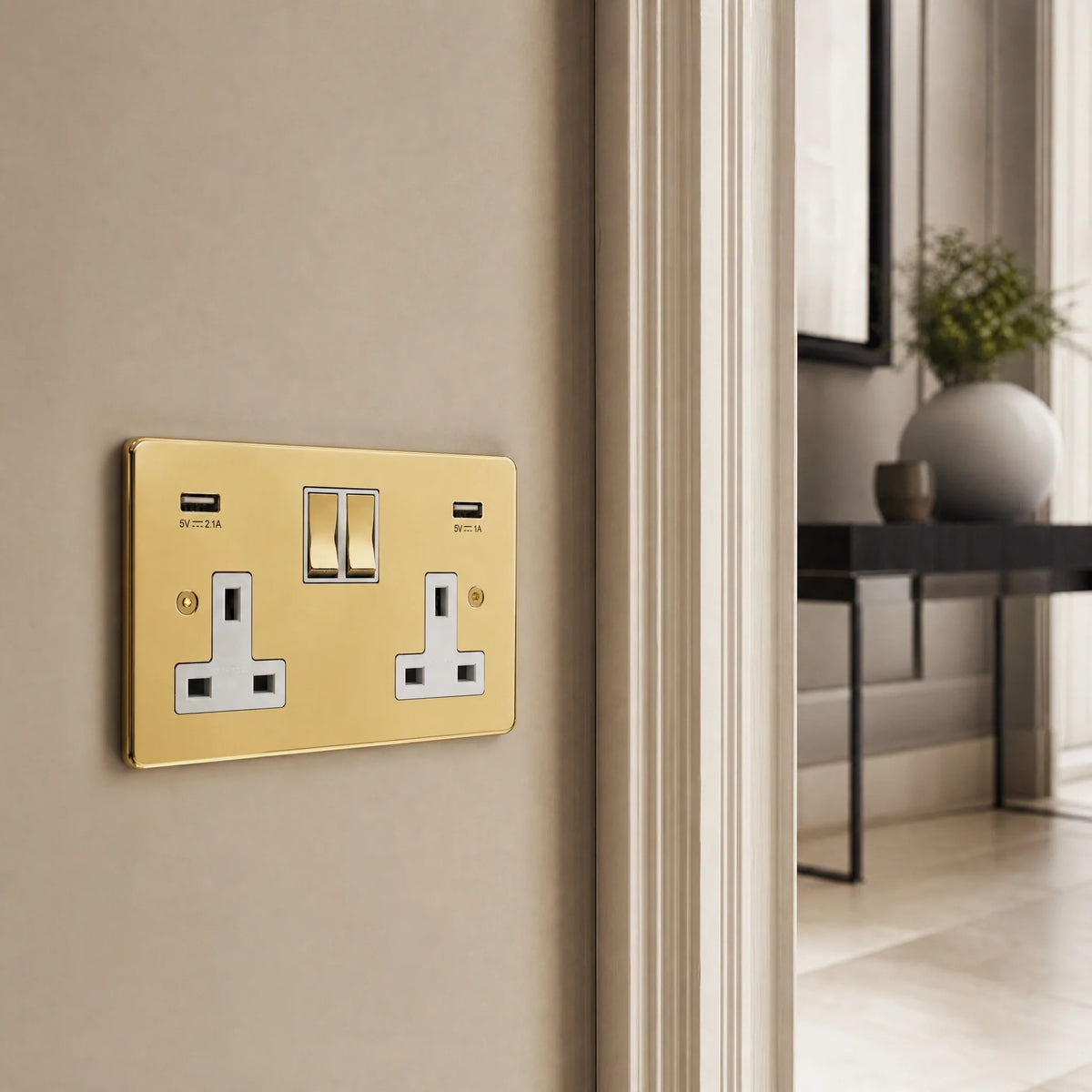 VORELLI® Ambassador Classic double socket with USB charging, close view on an interior wall in an interior visualisation.