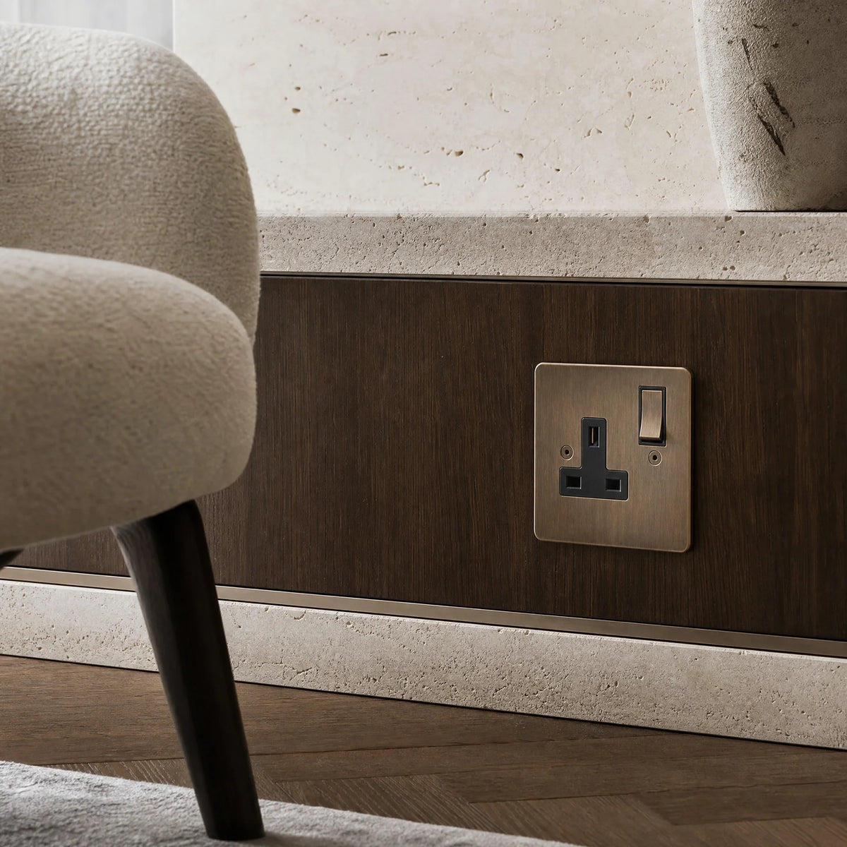 VORELLI® Ambassador Classic Single Socket, close view beside bedroom or living-room joinery in an interior visualisation.