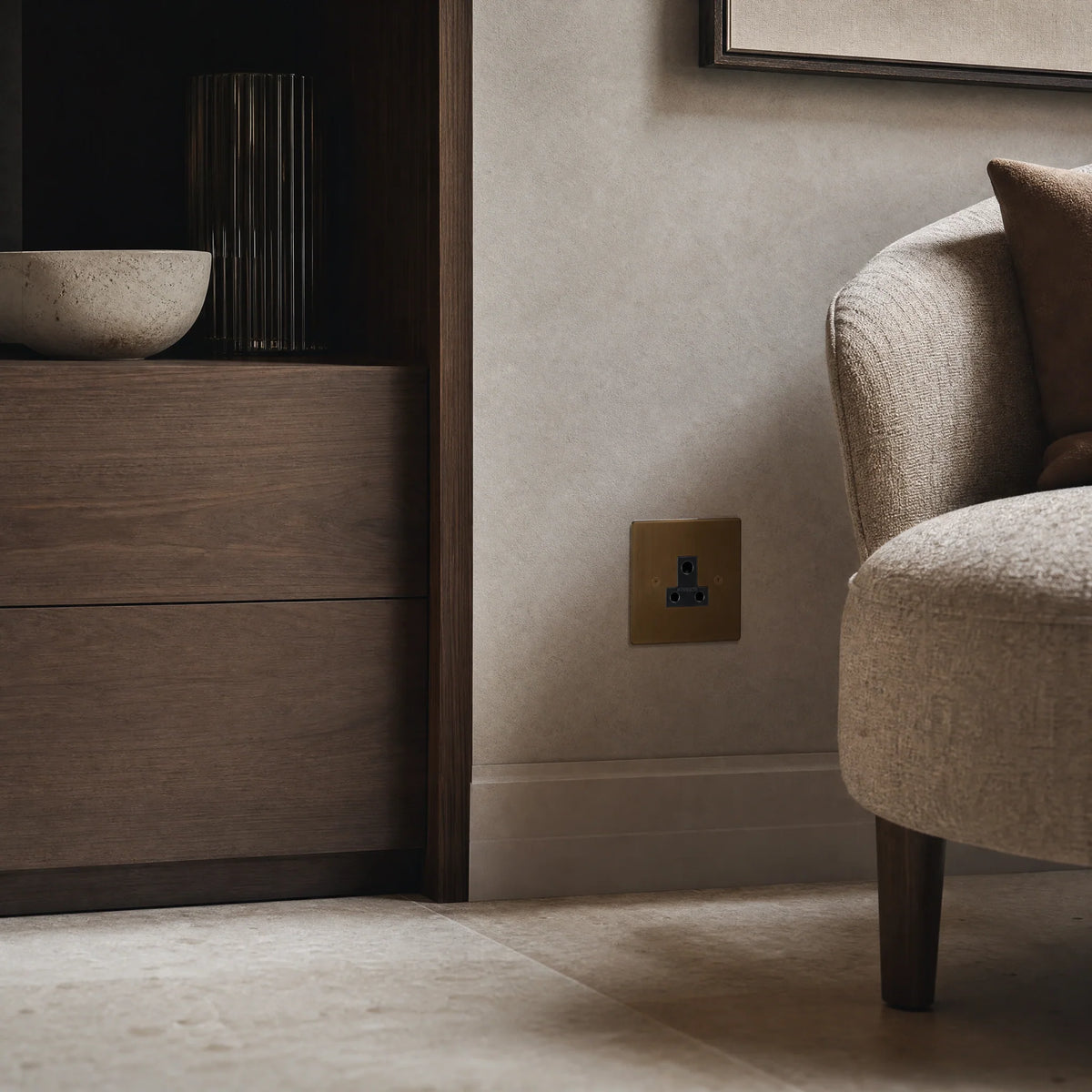 VORELLI® Ambassador Square 5A Socket, shown beside bedroom or living-room joinery in an interior visualisation.