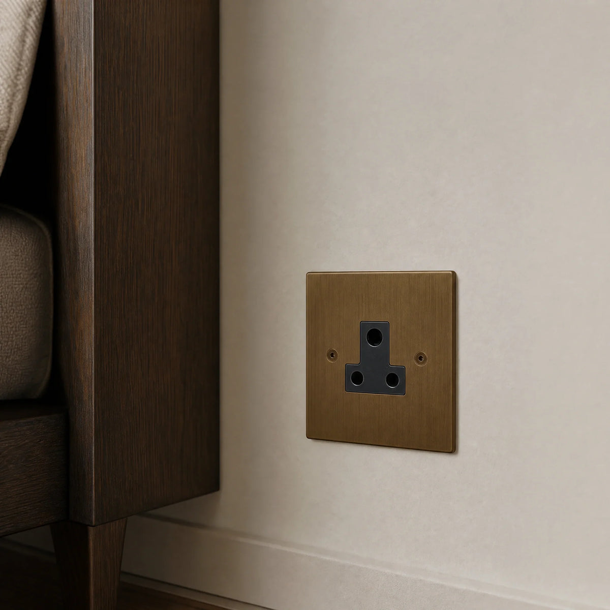 VORELLI® Ambassador Square 5A Socket, close view beside bedroom or living-room joinery in an interior visualisation.