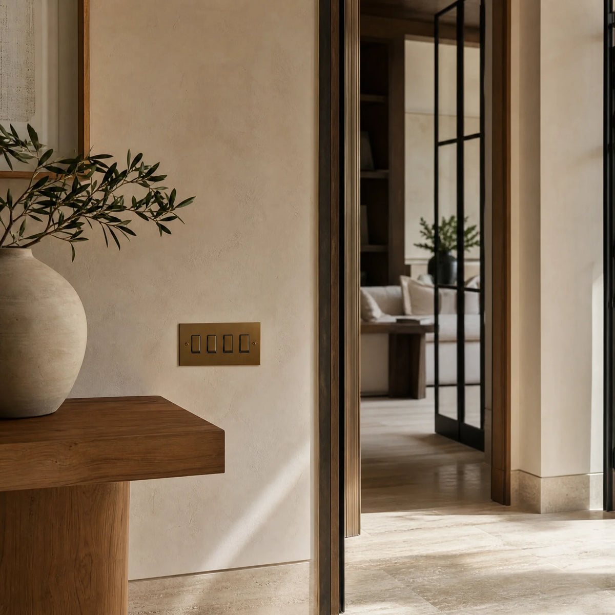 VORELLI® Ambassador Square four-gang rocker switch, shown on an interior wall in an interior visualisation.