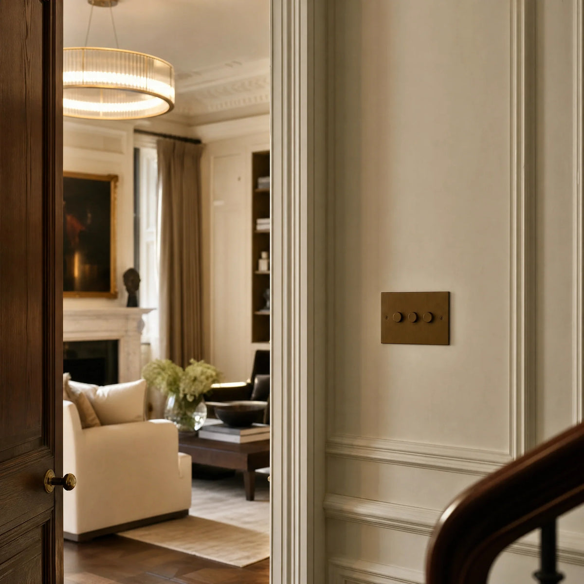 VORELLI® Ambassador Square Dimmer Switch, shown on an interior wall in an interior visualisation.