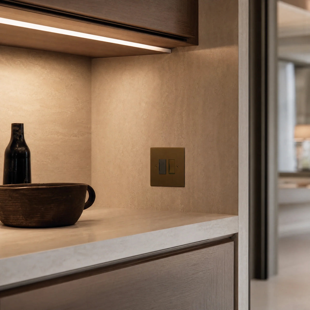 VORELLI® Ambassador Square Fuse Spur, shown above a kitchen worktop in an interior visualisation.