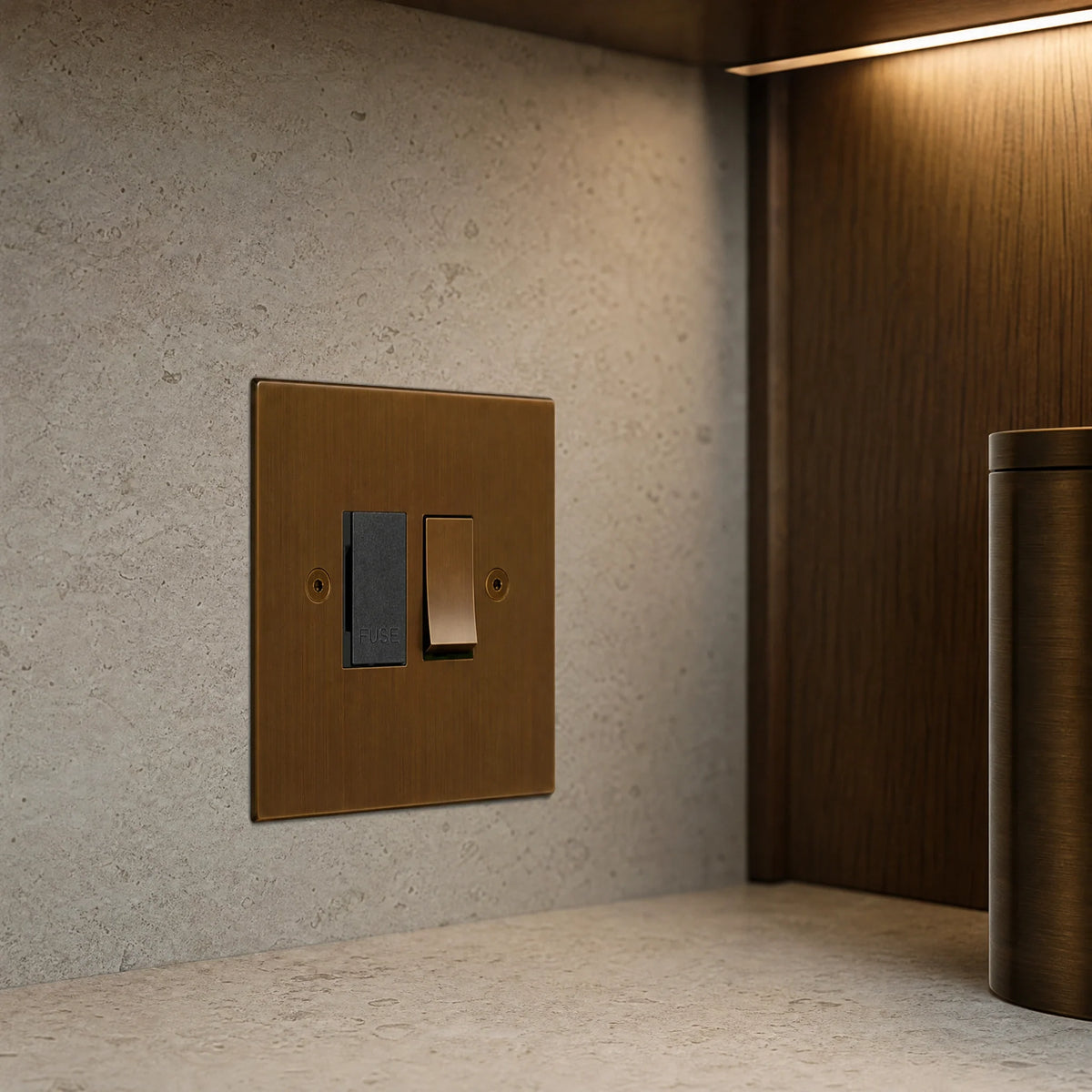 VORELLI® Ambassador Square Fuse Spur, close view above a kitchen worktop in an interior visualisation.